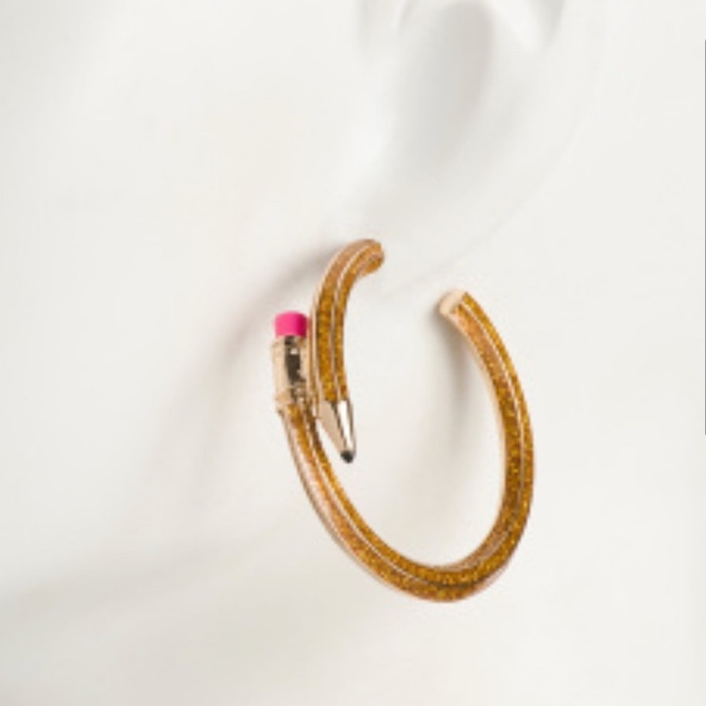 NWT ⚜️✏️⚜️ Betsey Johnson Brown Golden Tone Glittery Pencil Hoop Earrings - Picture 3 of 12